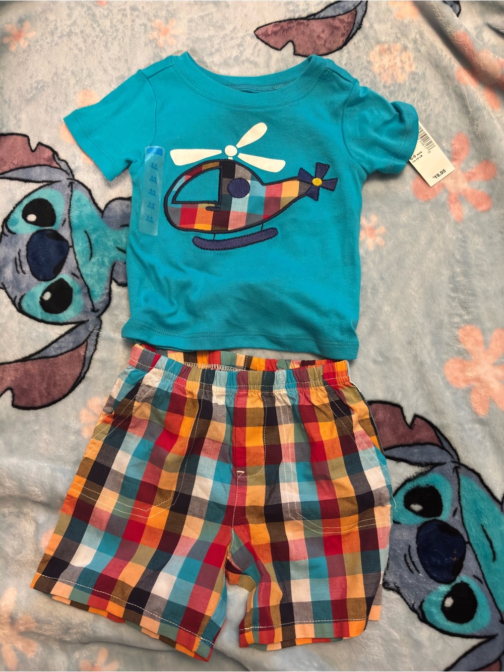 Turquoise Helicopter Tee & Multi-Color Plaid Shorts Kids Pajama Set
